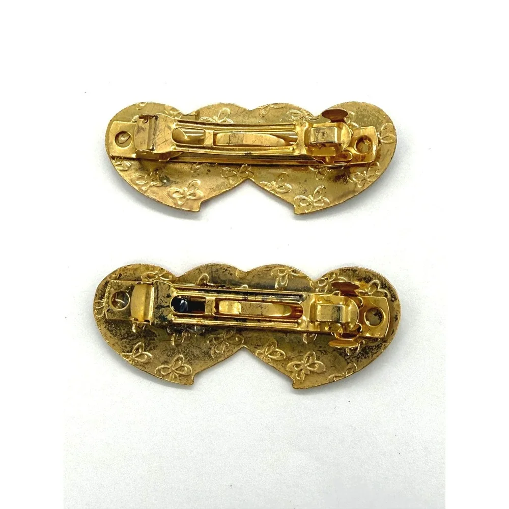 Vintage Cloisonne Enamel Double Heart Hair Barrettes Clips Butterfly Purple Gold